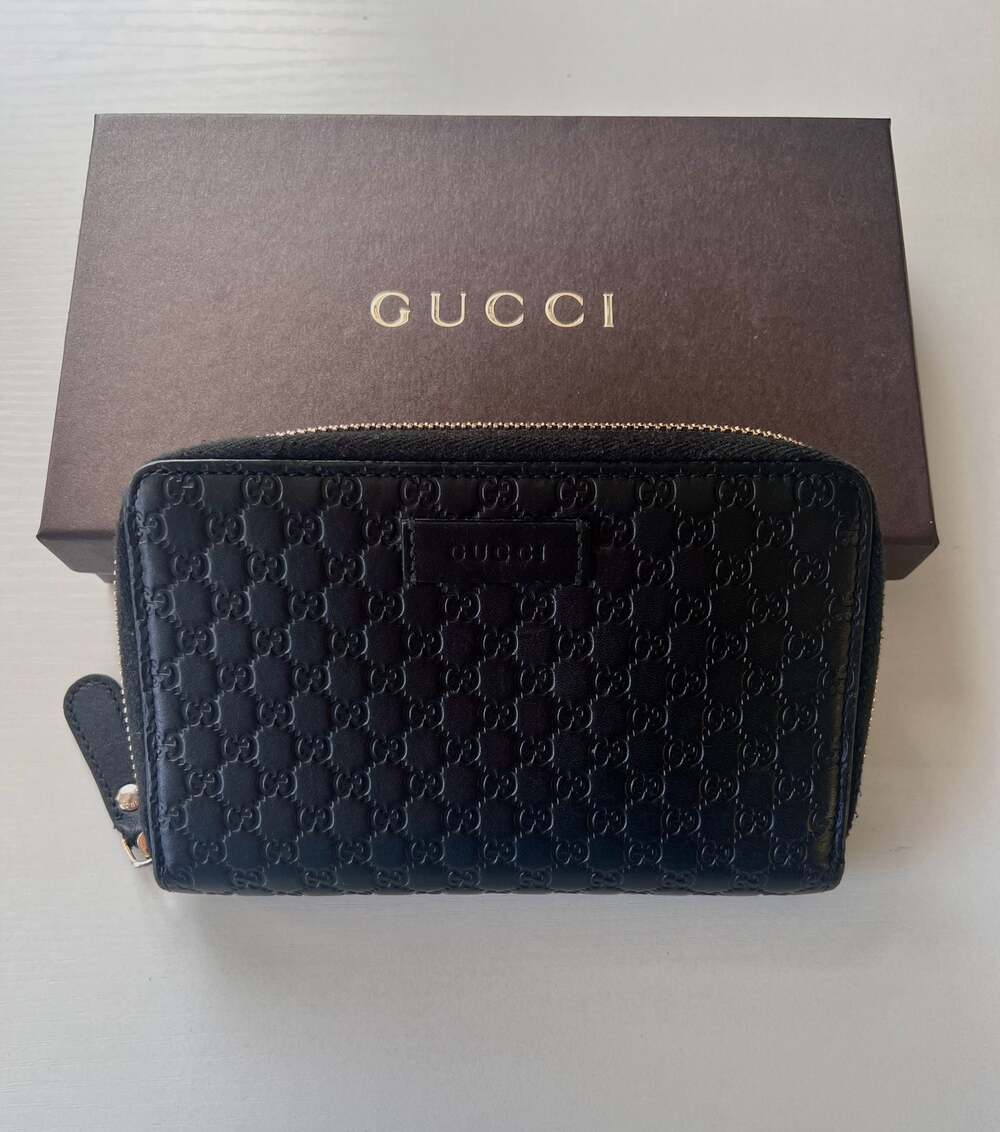 Gucci Black Micro Guccissima Leather Zip Around Wallet